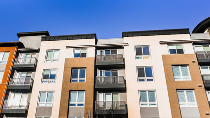 Exterior view of multifamily residential building; Sunnyvale, San Francisco bay area, California