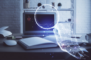 Desktop computer background in office and start up theme hologram drawing. Double exposure. Startup concept.