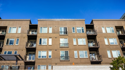 Exterior view of multifamily residential building; Mountain View, San Francisco bay area, California