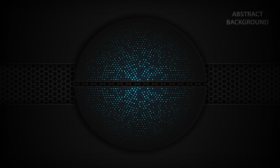 Abstract black realistic background with circle shapes. Texture with blue glitters halftone element. Modern vector design template.