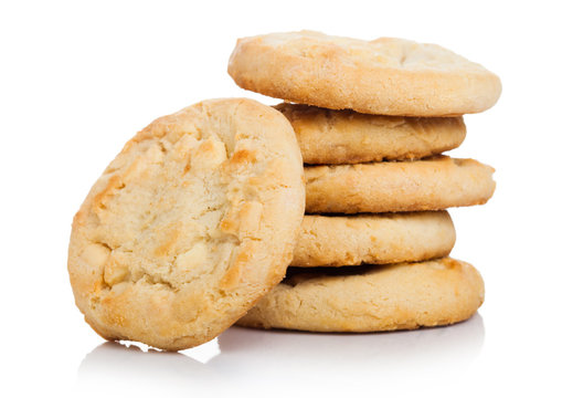 White chocolate biscuit cookies on white background.