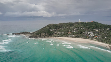 Air view of Byron Bay Lighthouse in moody weather