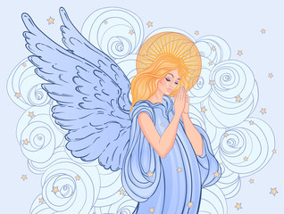 Angel girl with wings, cross, roses and halo. Isolated hand drawn vector illustration. Trendy Vintage style element. Spirituality, occultism, alchemy, magic.