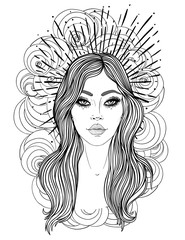 Magic night fairy. Hand drawn portrait of a beautiful shaman girl with angel wings. Alchemy, religion, spirituality, occultism, tattoo art. Isolated vector illustration. Coloring book page for adults