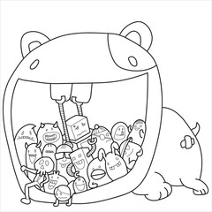 The monster group is fleeing from the giant monster's mouth.