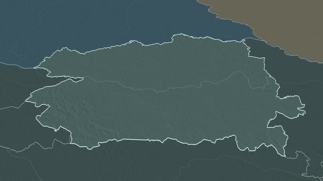Bas-Uele, province with its capital, zoomed and extruded on the administrative map of Congo Kinshasa in the conformal Stereographic projection. Animation 3D