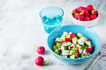Radish cucumber salad with greens in bowl