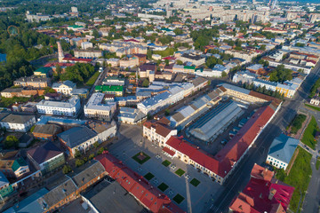 Top view of Rybinsk on a July morning (aerial photography). Yaroslavl region, Russia