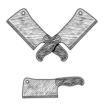Illustration of meat cleaver in engraving style. Design element for logo, label, emblem, sign, badge. Vector illustration