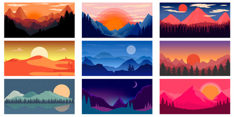 Set of poster template with wild mountains and desert landscape. Design element for banner, flyer, card. Vector illustration