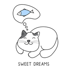 A cute cat is dreaming of a fish, sweet dreams hand drawn style, Cute cartoon funny animal character.