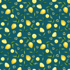 Pattern with lemons on a dark background. Lemons on a branch, leaves, lemon slices