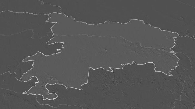 Haut-Uele, province with its capital, zoomed and extruded on the bilevel map of Congo Kinshasa in the conformal Stereographic projection. Animation 3D