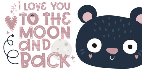valentines day, cute blue bear, greetings template, pink love lettering vector illustration