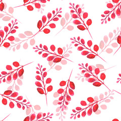 Watercolor seamless pattern with leaves, hand-drawn. red plants on white background. Design for fabric, wallpaper, napkins, textiles, packaging, backgrounds. Delicate and stylish.