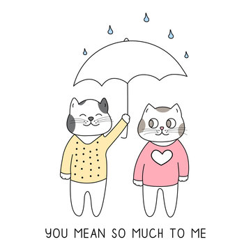 Cute couple of cats with umbrella hand drawn style, Cute cartoon funny animal characters.