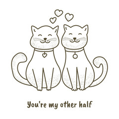 Lovely couple of cats and heart hand drawn style, Cute cartoon funny animal characters.