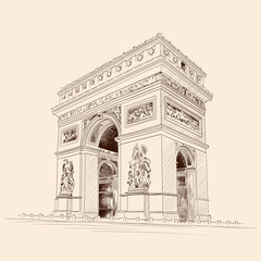 Triumphal Arch in Paris France. Pencil sketch on a beige background. - obrazy, fototapety, plakaty
