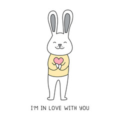 Happy bunny holding a heart hand drawn style, Cute cartoon funny animal characters.