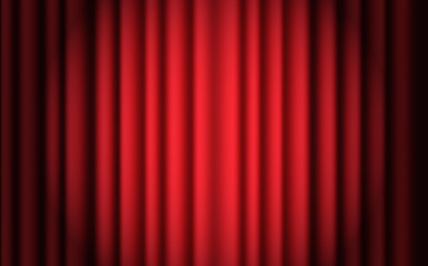 Luxury scarlet red silk velvet curtains and draperies interior decoration design. Luxurious indoor red curtain illuminated spotlight. Red theatre curtain