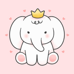 Cute elephant wear crown cartoon hand drawn style
