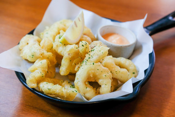 Close up of Fried Squid served on plate.