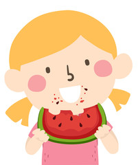 Kid Girl Eating Watermelon Illustration