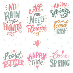 Set of seasonal spring hand drawn lettering phrases for print, banner, decor. Modern spring typography.