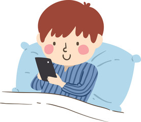Kid Boy Bed Cell Phone Illustration