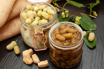 Mulberry jam in glass can