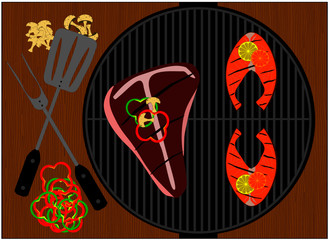 Surf and Turf with Steak and salmon on the grill with citrus and veggies.  Vector top view. including mushroom slices, pepper rings and Lemon and Orange Slices.  Created in isolated layers