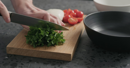 man hands preparing salad with mozzarella, cherry tomatoes and frisee leaves in black bowl on terrazzo surface
