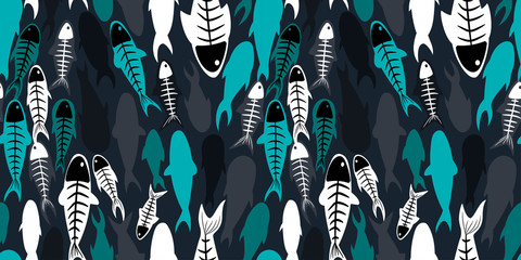 living and dead fish seamless pattern