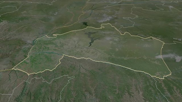 Ma&iuml;-Ndombe, province with its capital, zoomed and extruded on the satellite map of Congo Kinshasa in the conformal Stereographic projection. Animation 3D