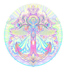 Hand drawn vintage label with an anchor and other decorative elements. Isolated vector illustration. Tattoo, travel, adventure, meditation symbol.