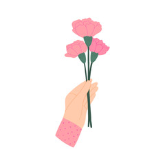 Hand holding flower. Spring summer flower illustration for card, print, decor. Elegant feminine flower.