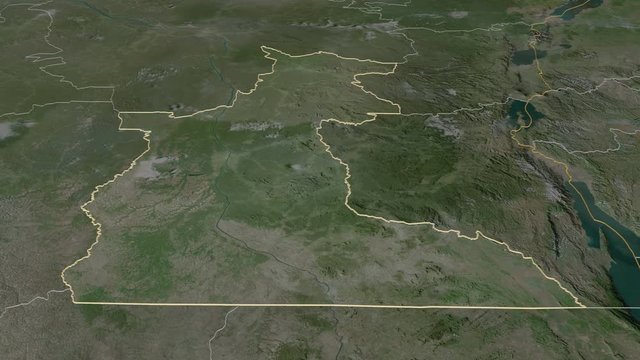 Maniema, province with its capital, zoomed and extruded on the satellite map of Congo Kinshasa in the conformal Stereographic projection. Animation 3D