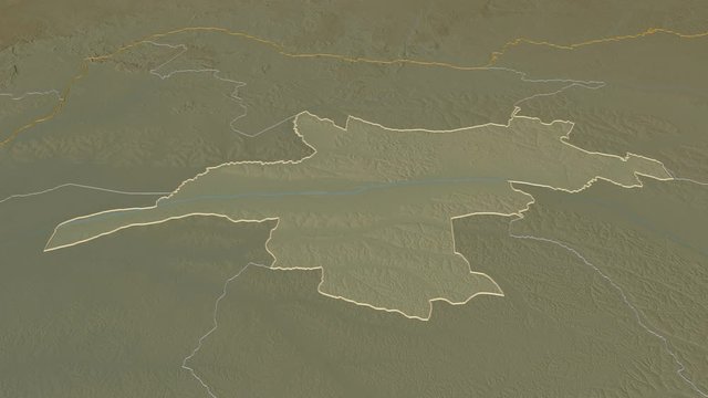 Mongala, province with its capital, zoomed and extruded on the relief map of Congo Kinshasa in the conformal Stereographic projection. Animation 3D