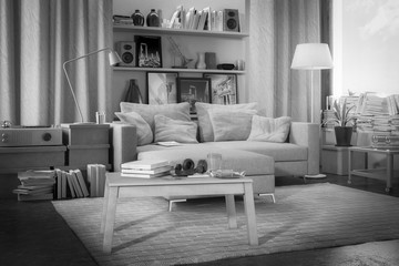 Modern and comfortable - 3d visualization of an apartment in black and white