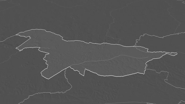 Nord-Ubangi, province with its capital, zoomed and extruded on the bilevel map of Congo Kinshasa in the conformal Stereographic projection. Animation 3D