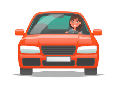 Business Woman Driving A Car On A White Background Front View. A Trip To Work Or Shopping