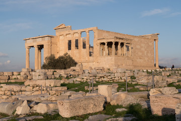 Fototapeta na wymiar Athens, Greece - Dec 20, 2019: Erechtheion Temple with Caryatids, Caryatid Porch, Acropolis, Athens, Greece