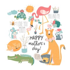 Cute cartoon animals mothers with their cubs