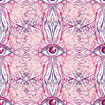 All seeing eye seamless pattern. Hand drawn vintage style background. Alchemy, spirituality, occultism, textiles art. Isolated vector illustration. Conspiracy theory.