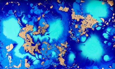 Night blue sky with stars imitation. Acrylic fluid art. Marble blue and gold pattern.