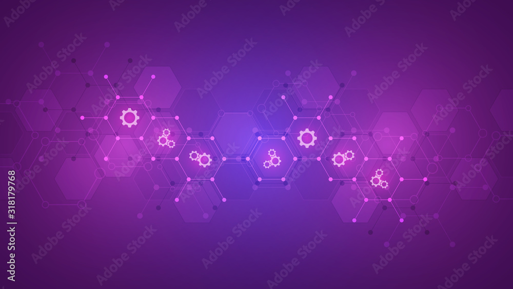 Poster Abstract technical background with gears and cogs icons. Template design for innovation technology.