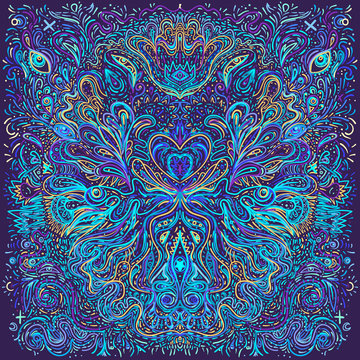 Hypnotic shamanic acid patterned background. Hand drawn design in ethnic Indian style. Mystic abstract hippie and boho texture. Occult and tribal fusion vector trippy.