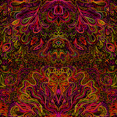 Hypnotic shamanic acid seamless pattern. Hand drawn design in ethnic Indian style. Mystic abstract background, hippie and boho texture. Occult and tribal fusion vector trippy wallpaper.