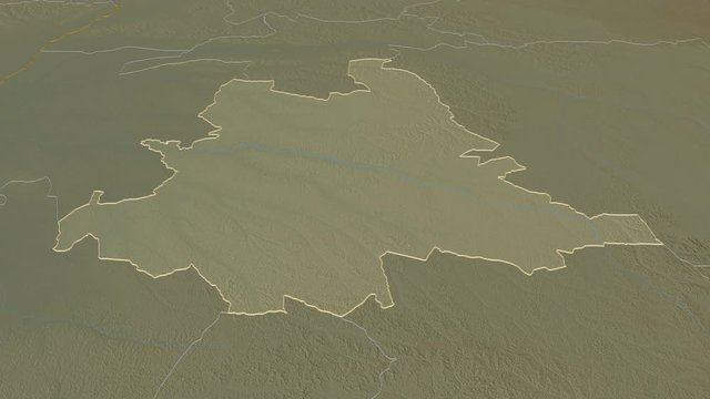 Tshuapa, province with its capital, zoomed and extruded on the relief map of Congo Kinshasa in the conformal Stereographic projection. Animation 3D