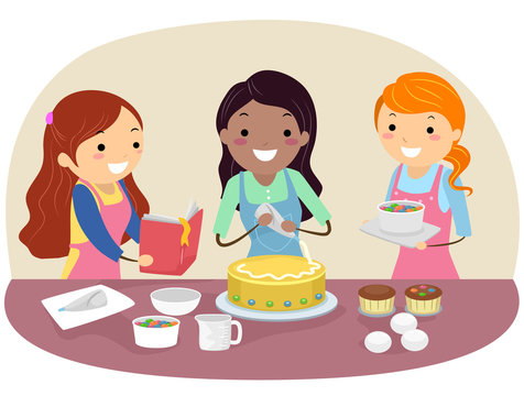 Stickman Teens Girls Friends Baking Illustration